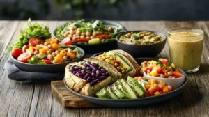 Vegan Lunch Ideas featuring a quinoa and roasted vegetable bowl, avocado and chickpea sandwich, mixed bean salad, hummus with veggie sticks, and a fruit smoothie, served in a cozy home setting.