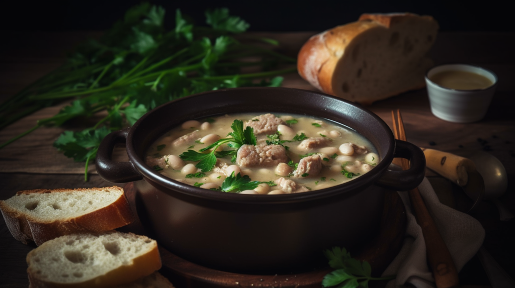 A steaming bowl of white bean sausage soup garnished with parsley, served with crusty bread and a green salad, perfect for a comforting meal.


