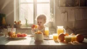 What do toddlers drink for breakfast? A happy toddler drinking milk from a colorful cup, surrounded by healthy breakfast options like fruits, cereal, and a smoothie at a sunny breakfast table.