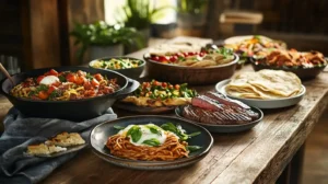 A dinner table with global dishes, including pasta, steak, ramen, tacos, and butter chicken, showcasing the most popular dinner items worldwide.