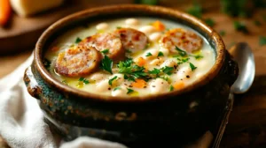 A steaming bowl of white bean sausage soup with fresh parsley and olive oil, served in a rustic ceramic bowl.