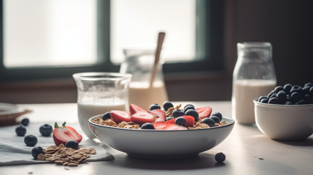 Low-salt breakfast setup with cereals, fresh fruits, and almond milk to discover which breakfast cereal has the least salt.
