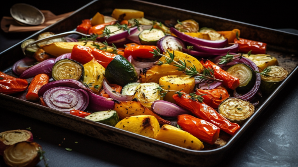 A tray of roasted vegetables, including carrots, zucchini, and bell peppers, garnished with fresh herbs.