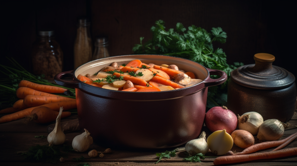 A slow-cooked vegetable stew served in a rustic pot, garnished with fresh herbs.