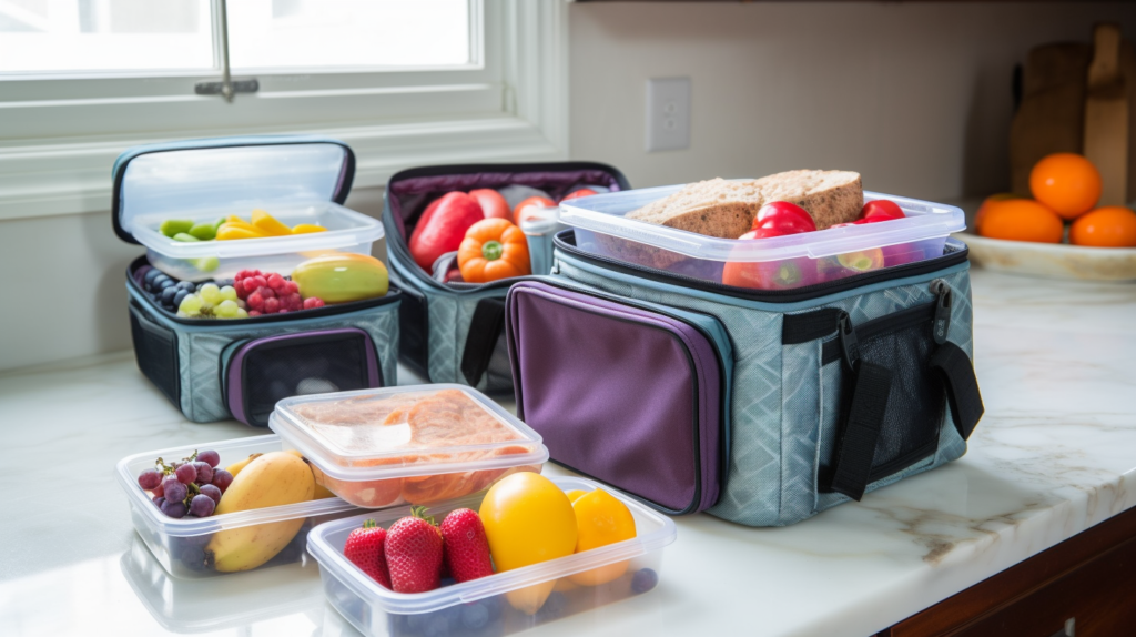 An insulated lunch bag with bento boxes, ice packs, and neatly packed snacks.