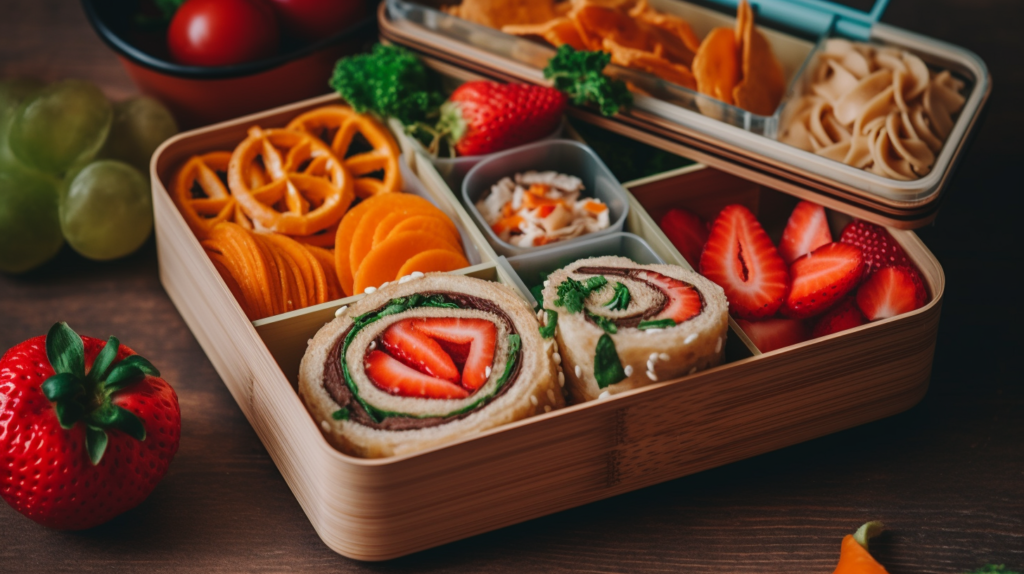 A bento box featuring sandwich pinwheels, pasta salad, fresh fruits, and veggie sticks.