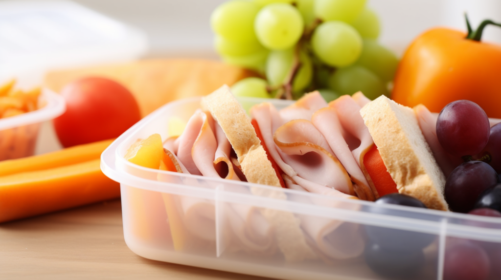 A lunchbox with separated compartments holding a sandwich, fruits, and a small container of dressing