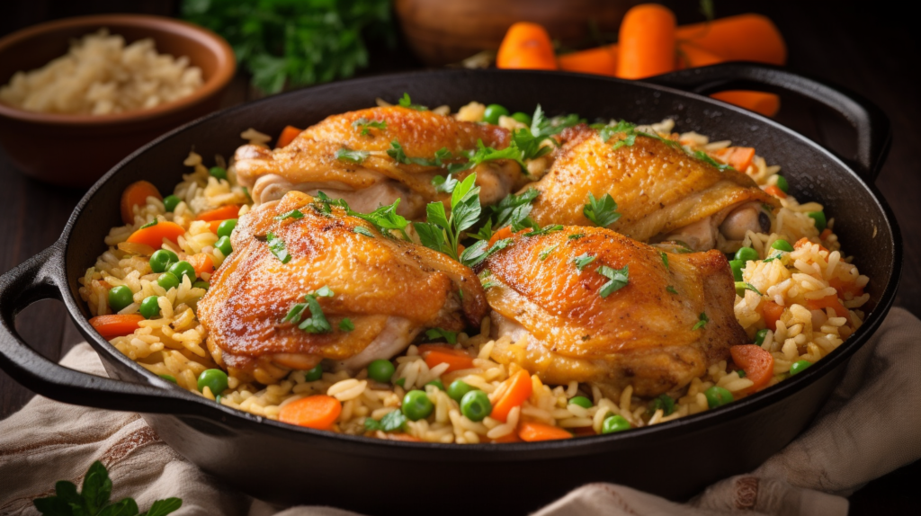 A skillet filled with golden-brown chicken thighs and seasoned rice, garnished with fresh herbs