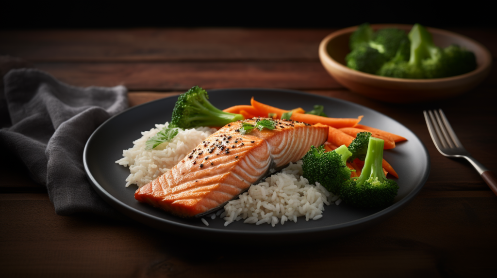 A nutritious dinner plate featuring grilled salmon, broccoli, carrots, and a side of brown rice.