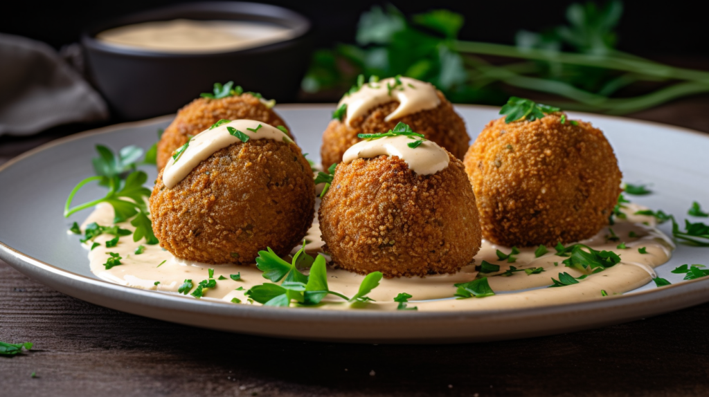 Crispy falafel drizzled with tahini sauce and garnished with fresh parsley on a white plate.