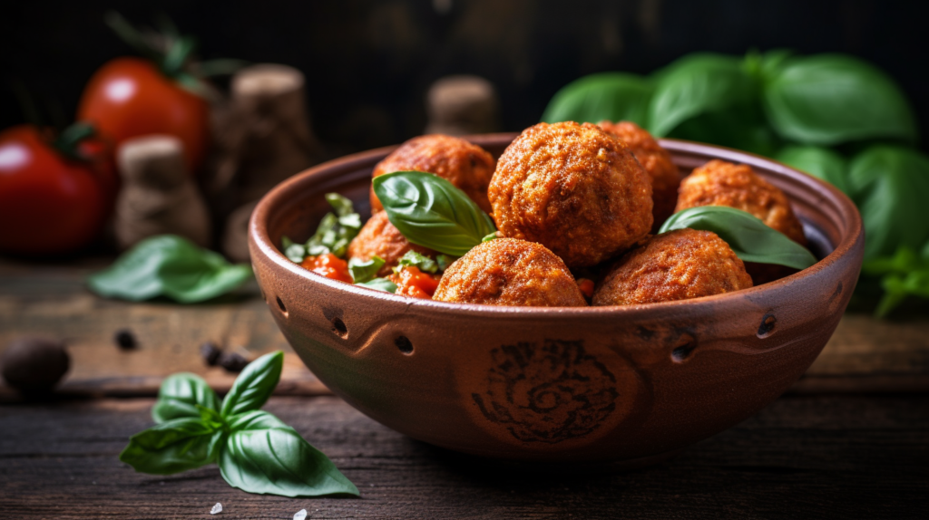 Falafel balls served in a rich tomato sauce, garnished with fresh basil leaves, in a rustic ceramic bowl.