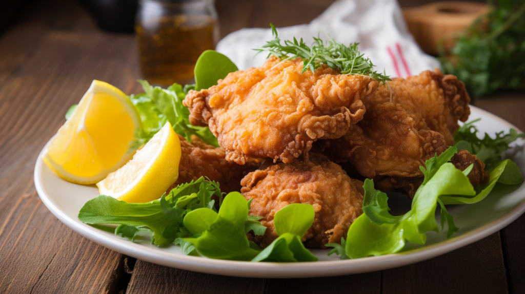 Golden fried chicken served with fresh greens and lemon wedges on a white plate.