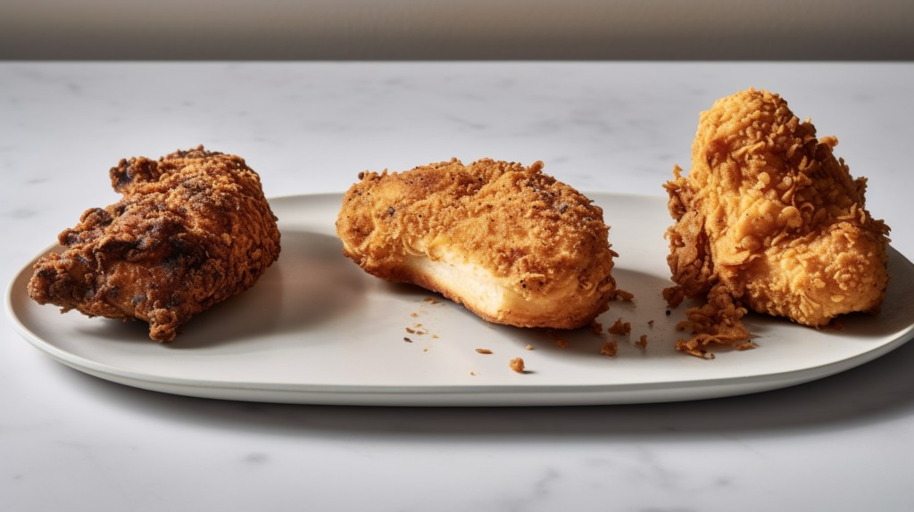 Comparison of traditional fried chicken, air-fried chicken, and oven-baked chicken on a single platter.