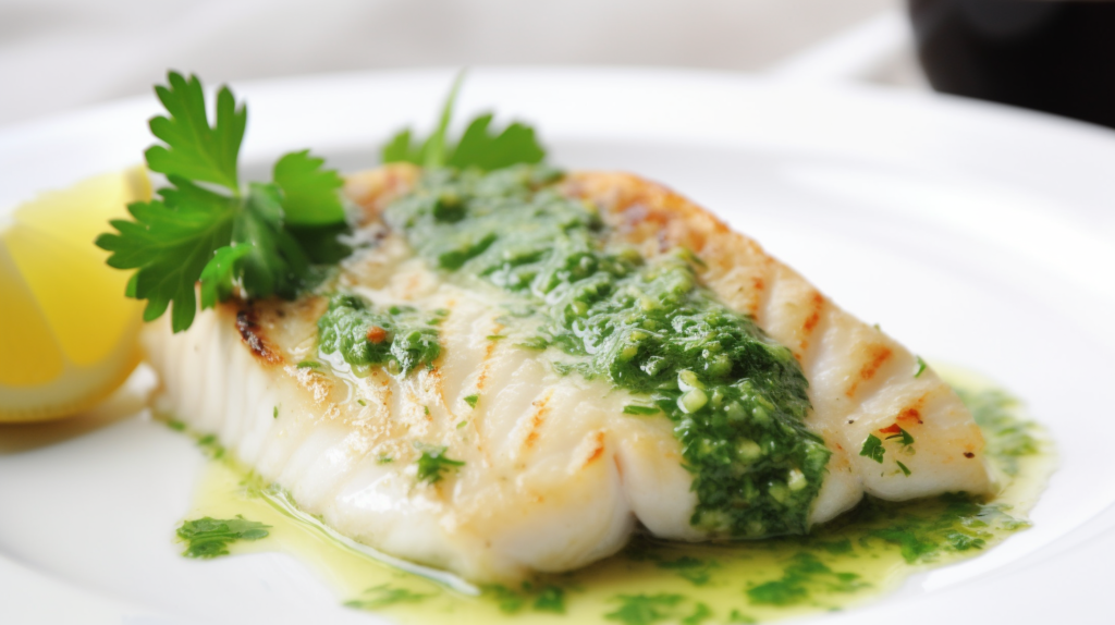 Grilled fish fillet with herb sauce and lemon on a white plate.