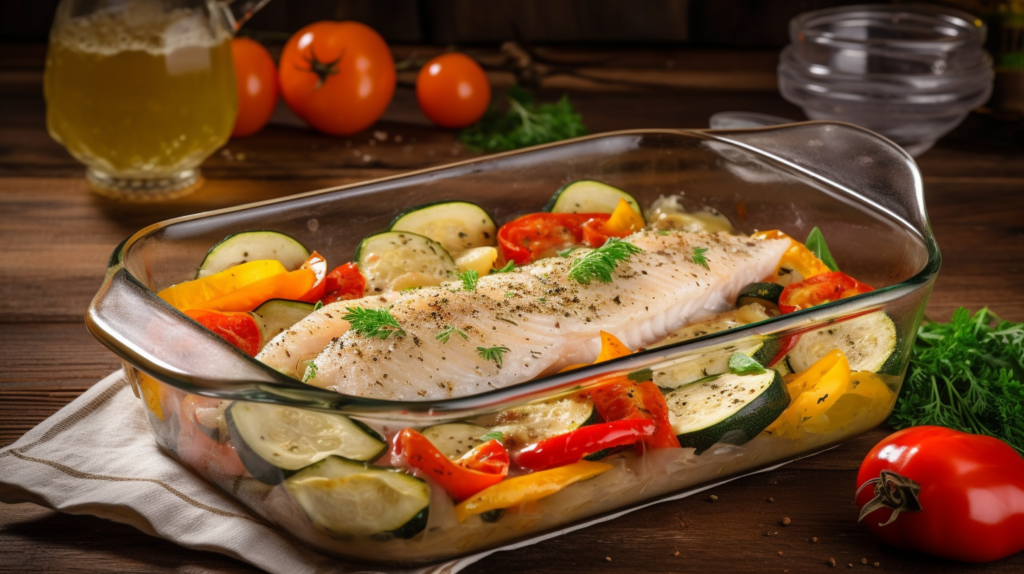 Baked fish fillet surrounded by zucchini, carrots, and red bell peppers in a baking dish.