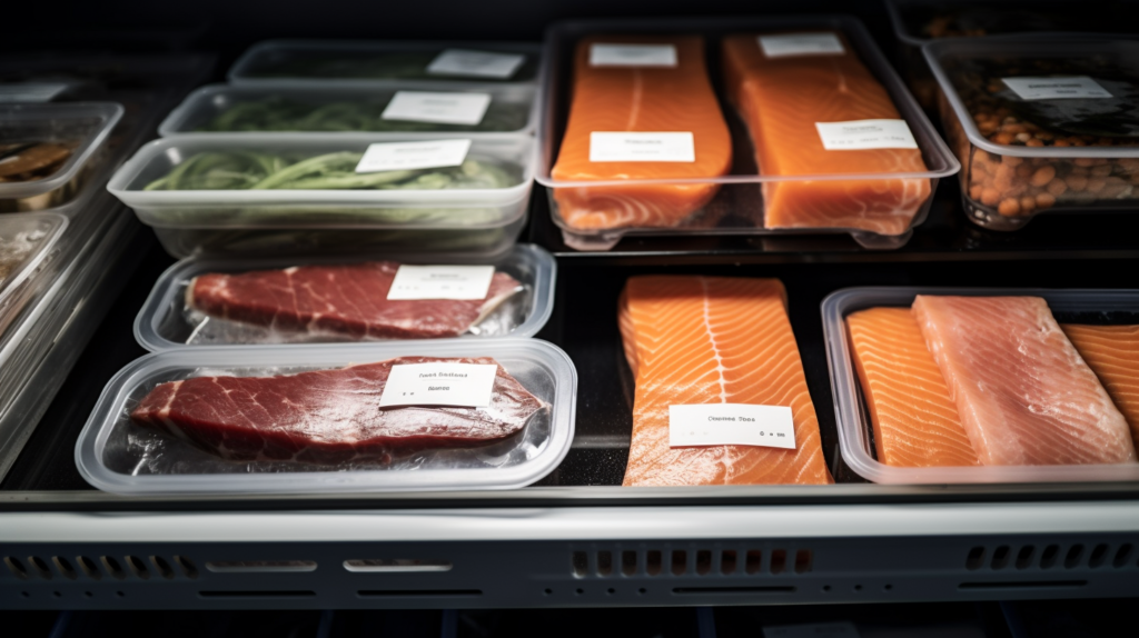 An organized freezer with labeled vacuum-sealed salmon, frozen vegetables, and other neatly stacked food items.