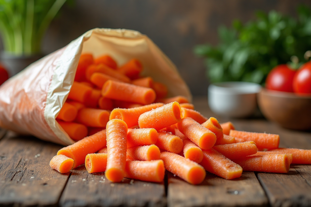 A bag of frozen carrots spilling onto a wooden countertop with kitchen utensils in the background.