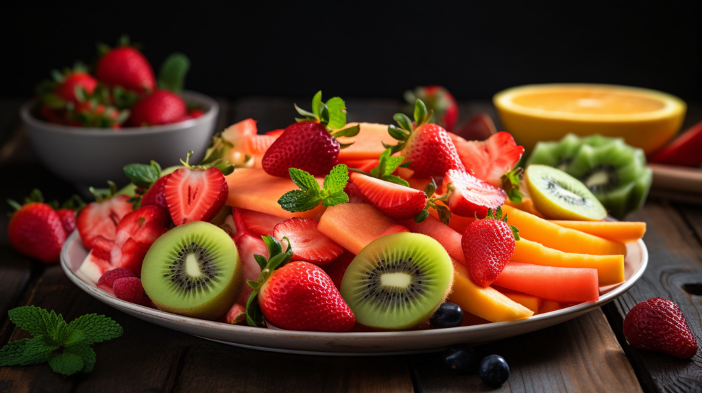 A vibrant platter of fresh fruits, including watermelon, oranges, strawberries, and kiwi, showcasing hydration and detox benefits.