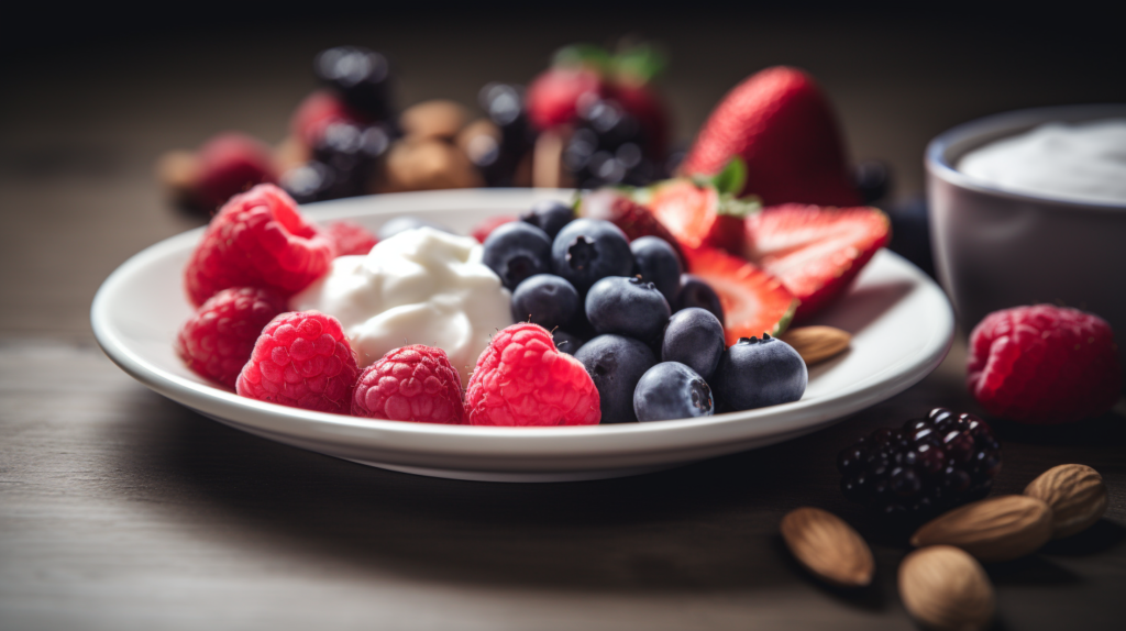 A balanced fruit-based lunch with mixed berries, Greek yogurt, and a handful of almonds on a wooden table.