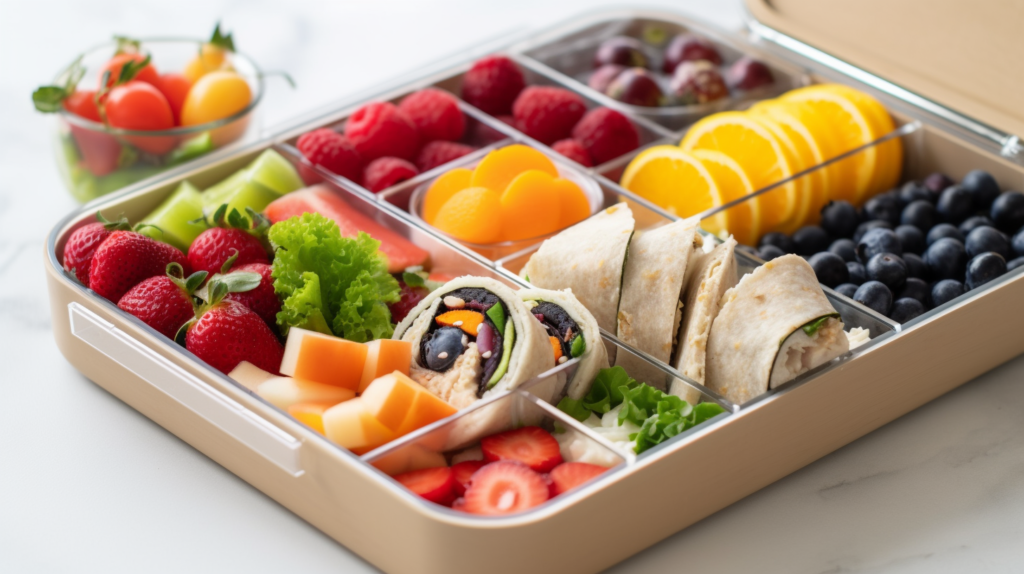 A bento box with gluten-free lunches, including rice paper rolls, fresh fruit, veggie sticks, and hummus, placed on a clean, white surface.