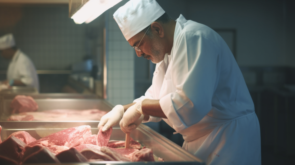 Traditional halal butcher preparing meat with care, adhering to Islamic dietary laws