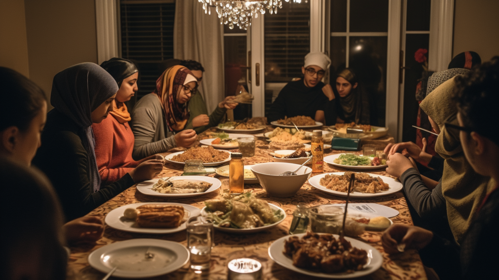 Diverse group of people sharing a meal featuring halal meat, symbolizing interfaith harmony.