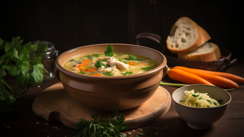 A rustic bowl of Italian Penicillin Soup garnished with parsley and served with crusty Italian bread.