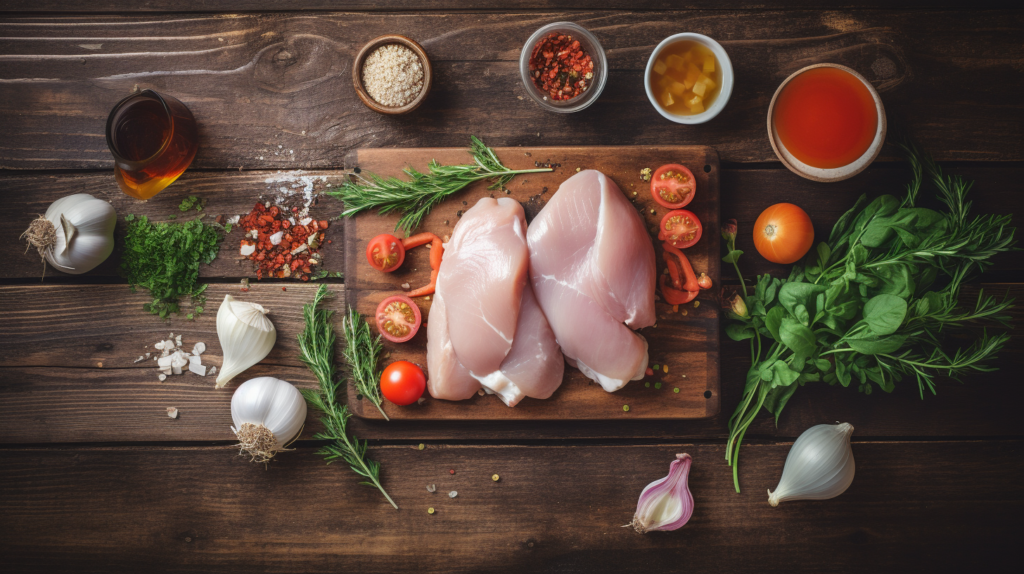 A flat lay of fresh ingredients for Italian Penicillin Soup, including chicken, garlic, onions, carrots, celery, and rosemary on a wooden countertop.

