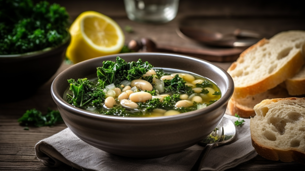 A bowl of kale and white bean soup garnished with fresh parsley, served with rustic bread and a lemon wedge.
