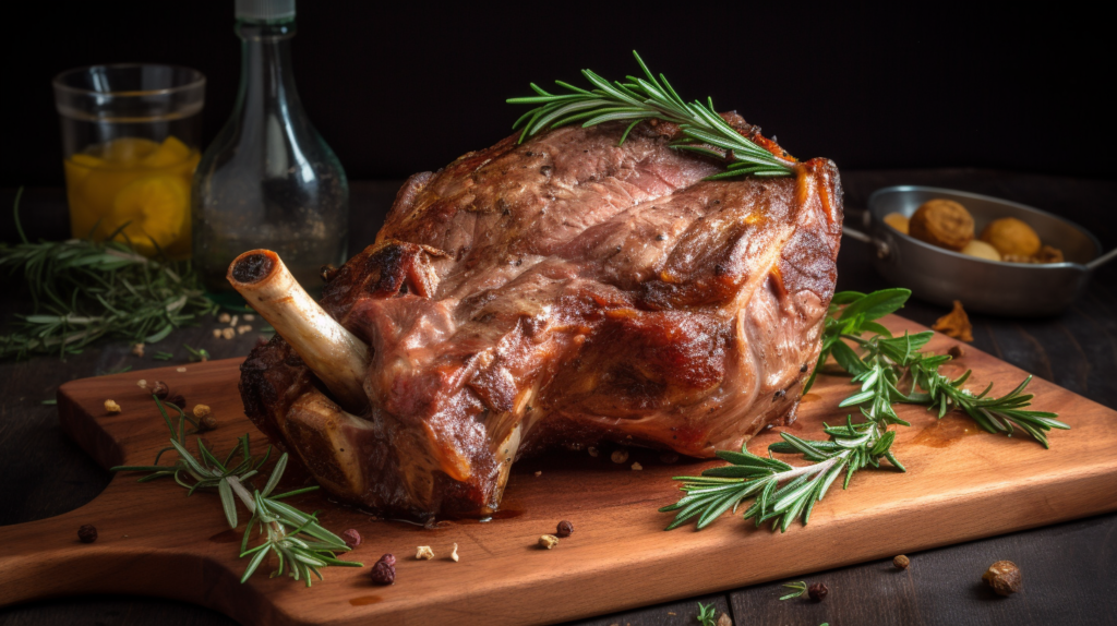 Roasted lamb shoulder sliced to show juicy, tender meat with rosemary garnish.