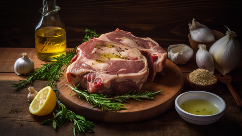 Raw lamb shoulder with olive oil, garlic, rosemary, and lemon for marination.