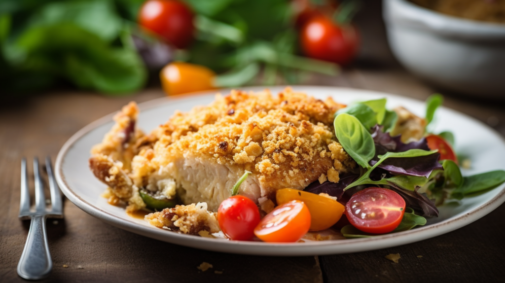 A serving of million dollar chicken casserole on a plate with a side salad of mixed greens and tomatoes.