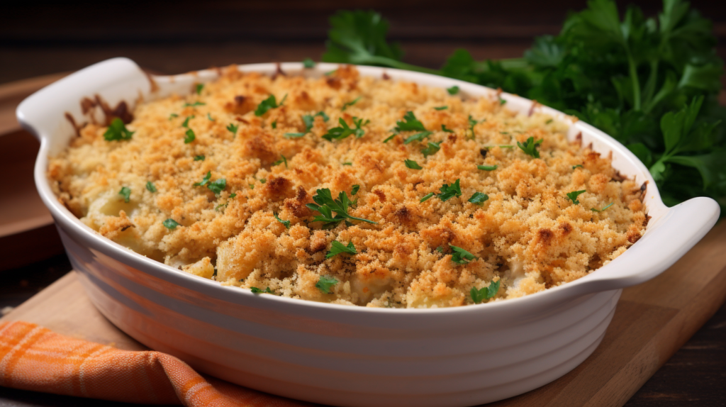 Freshly baked million dollar chicken casserole with a golden-brown crust, bubbling at the edges.