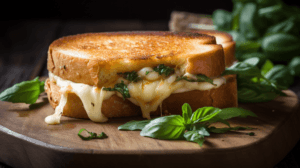 A "Mozzarella Grilled Cheese" sandwich on a wooden board, featuring golden-brown toasted bread with melted mozzarella oozing out, mixed with spinach and garnished with fresh basil leaves