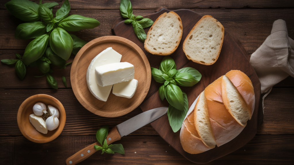 Ingredients for mozzarella grilled cheese, including mozzarella cheese, slices of bread, butter, and fresh basil, arranged neatly on a wooden board.