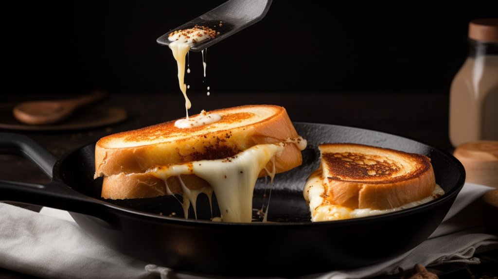 A mozzarella grilled cheese sandwich being flipped on a skillet with a spatula, showing the golden, crispy side of the bread.