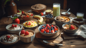 A rustic wooden table adorned with an assortment of healthy "Non-Salty Breakfast" bowls, featuring yogurt topped with fresh strawberries, oatmeal with bananas and berries, scrambled eggs, and a variety of fruits including blueberries and raspberries. A glass of green smoothie, a loaf of bread, and some utensils are also present, with soft natural light illuminating the scene