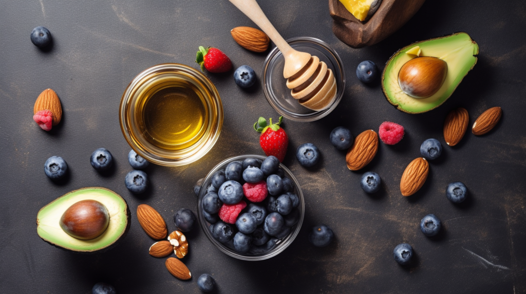 Ingredients for a non-salty breakfast: eggs, fruits, nuts, honey, and avocados.