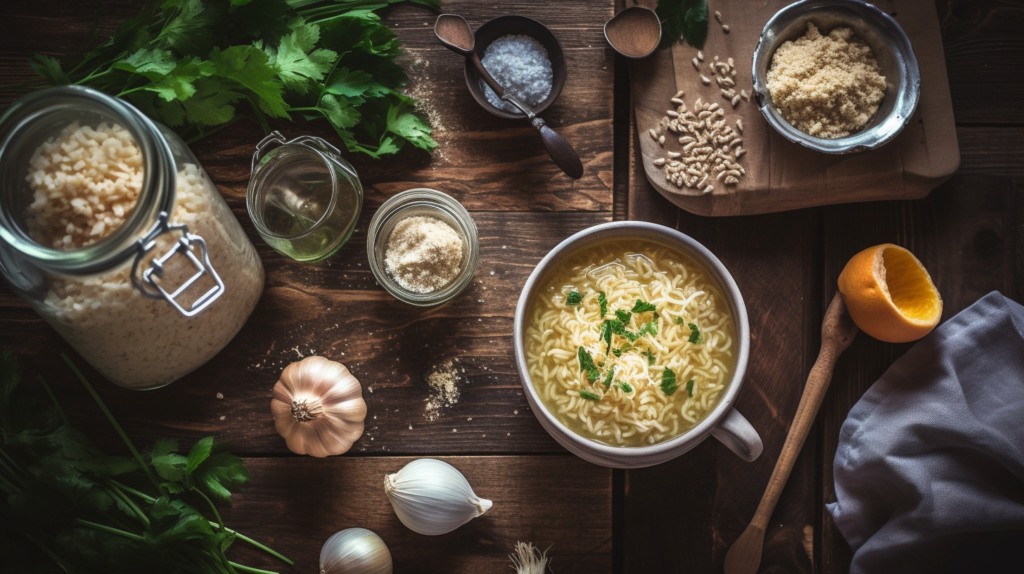 Ingredients for pastina soup, including small pasta, broth, parsley, Parmesan cheese, and a whisked egg, laid out on a wooden kitchen countertop.