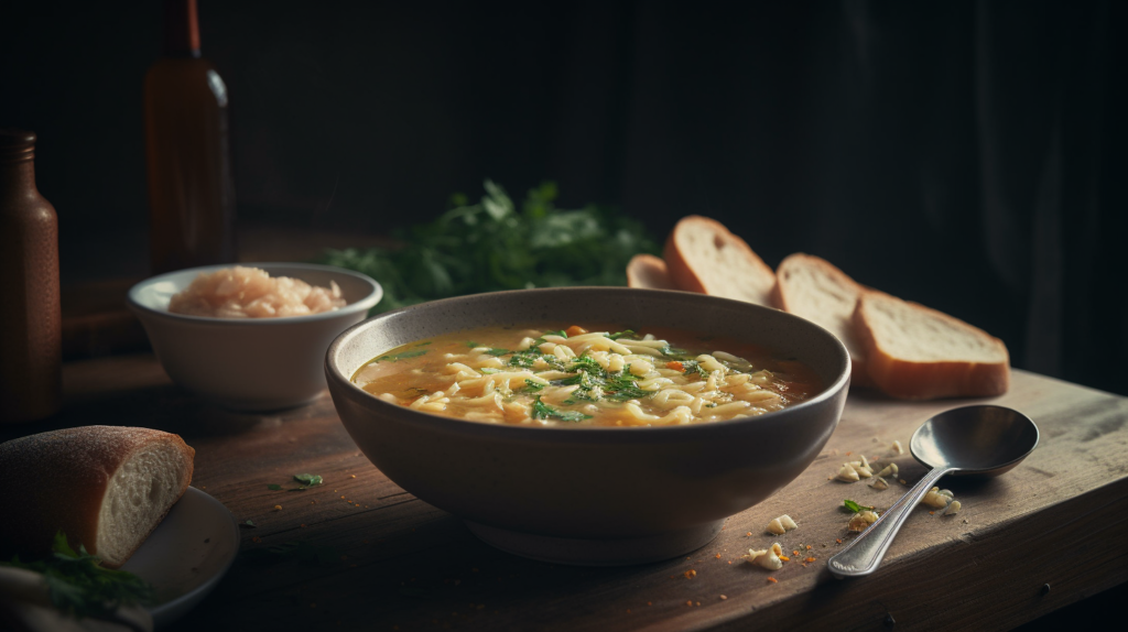 A steaming bowl of pastina soup served in a white ceramic dish, topped with fresh parsley and paired with crusty bread on a wooden table.