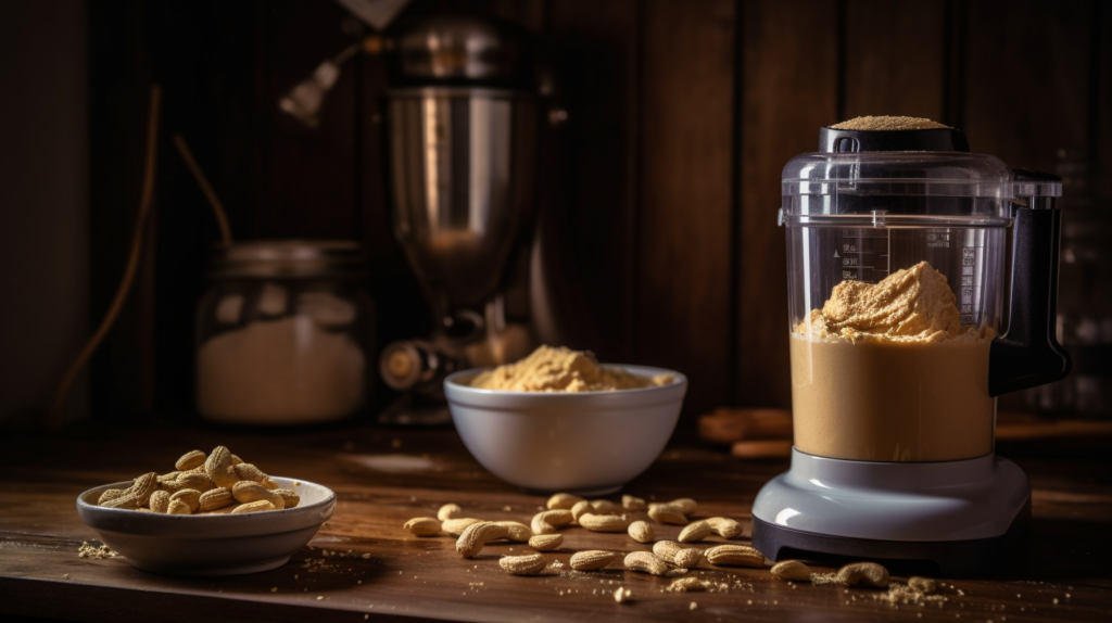 A food processor blending roasted peanuts into creamy peanut butter with a smooth texture