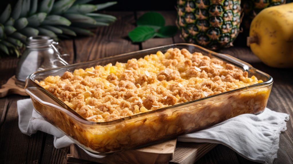 A freshly baked pineapple dump cake in a casserole dish with a golden-brown crust.