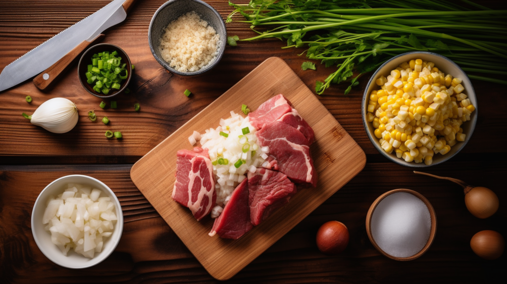 Raw ingredients for a pepper lunch recipe including sliced beef, rice, corn, green onions, butter, and sauces.