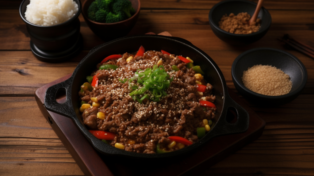 A sizzling pepper lunch served on a cast iron skillet, surrounded by a small bowl of soy sauce and a side salad.