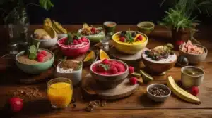A vibrant plant-based breakfast spread with smoothie bowls, avocado toast, chia pudding, and a turmeric latte on a wooden table.