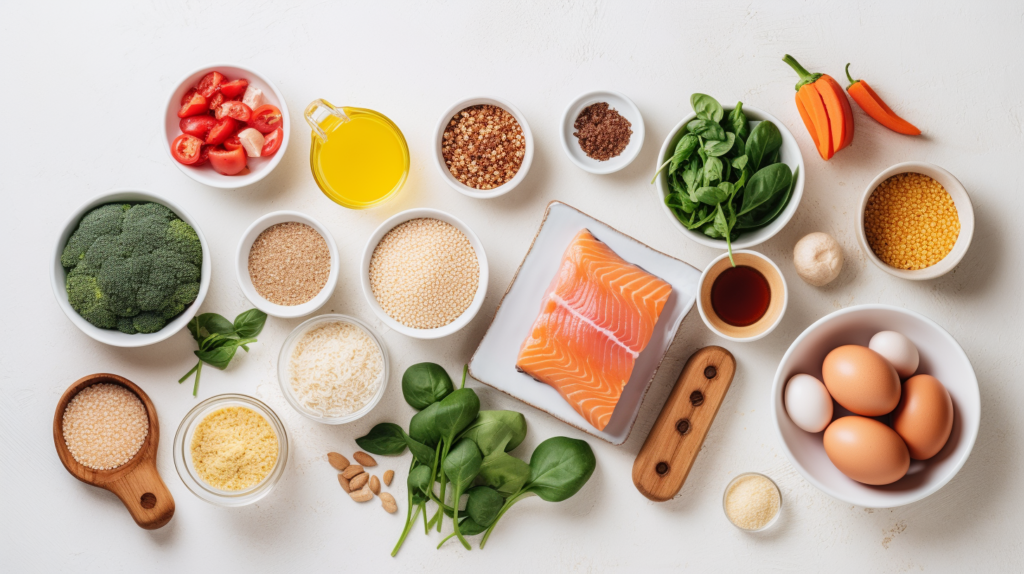 An assortment of high-protein foods, including raw chicken breasts, salmon fillets, tofu, chickpeas, quinoa, eggs, and fresh vegetables like spinach and bell peppers.