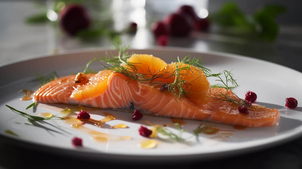 Plated salmon crudo with thin slices of raw salmon, drizzled with olive oil, and garnished with herbs and citrus.