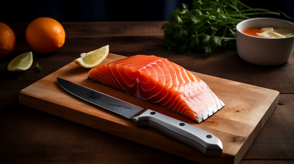 Fresh sushi-grade salmon fillet on a wooden cutting board with a sharp knife and lemon slices.