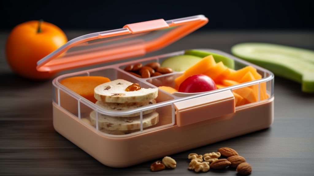 School lunch ideas displayed in a balanced lunchbox with grilled chicken, carrot sticks, whole-grain crackers, and apple slices arranged in neat compartments.
