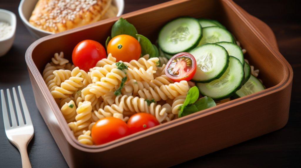 School lunch ideas shown in a bento box featuring pasta salad with whole-grain pasta, cherry tomatoes, cucumbers, and a light vinaigrette dressing.
